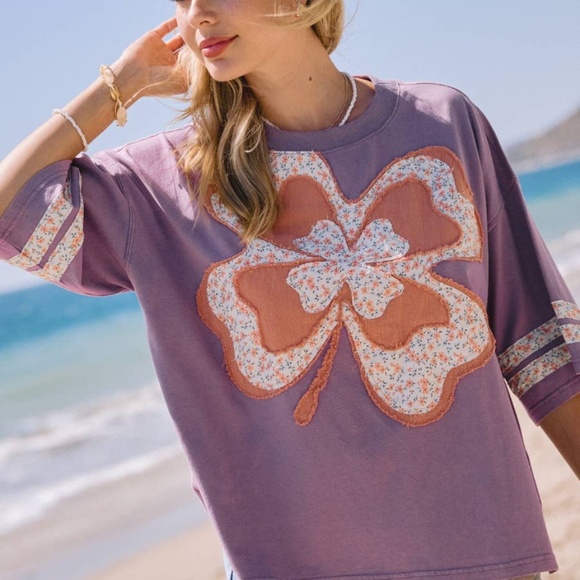 Oddi Plus Acid Washed Clover Short Sleeve Top Dark Lavender - Picture 3 of 4